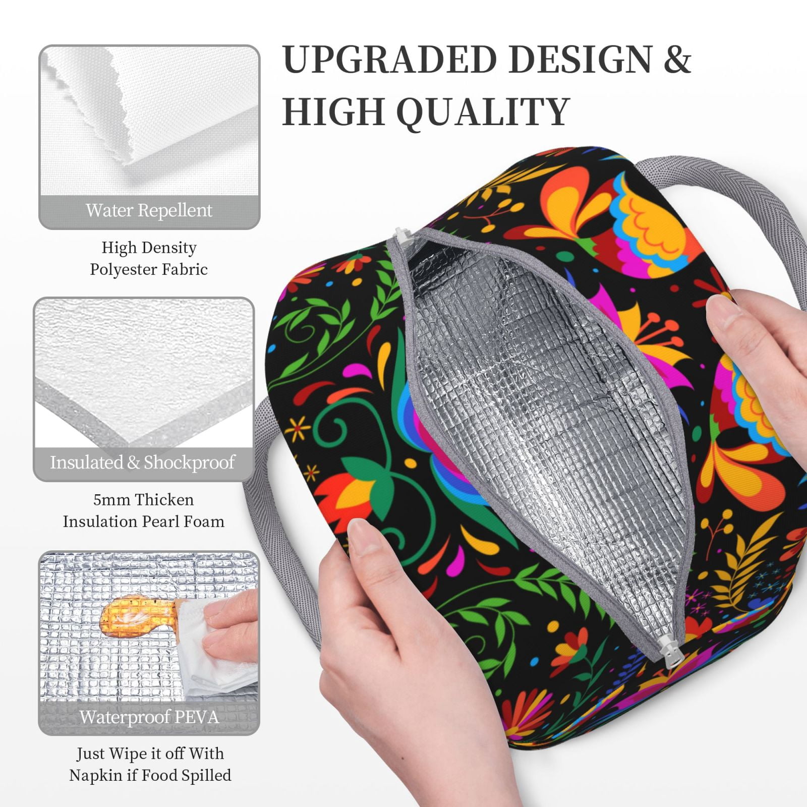 Horeoi Mexican Flower Traditional1 Pattern Large Insulated Lunch Bag for Work, School, Picnic - Waterproof, Durable Oxford Cloth, Comfortable Handle-Light Grey