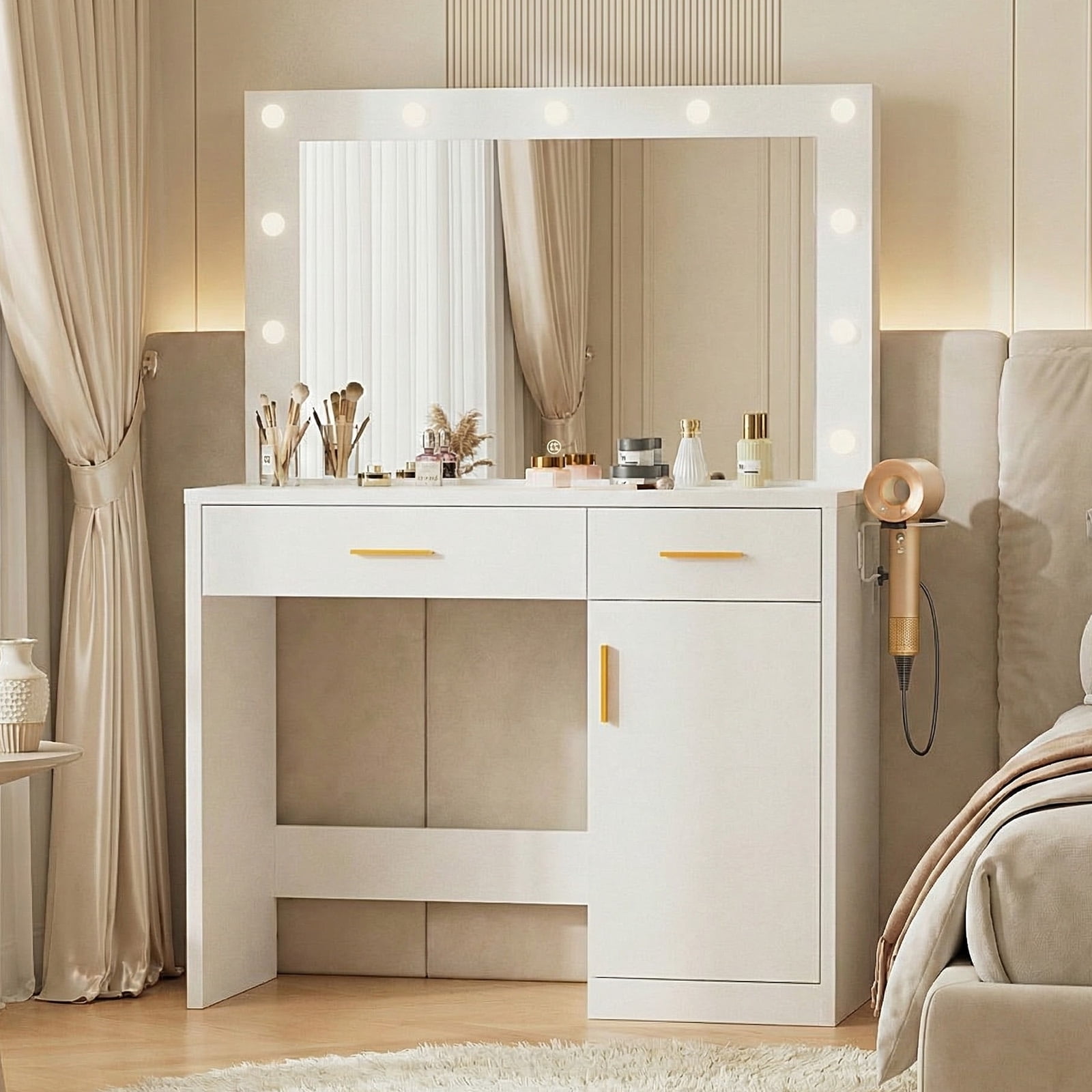 ZUNMOS Vanity Desk with Mirror and Lights, Makeup Vanity Table with Hair Dryer & Power Outlet, 2-Drawer Dressing Table for Bedroom,White