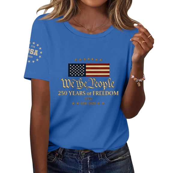 Women's 250th America Anniversary Casual Printed Crew Neck T-Shirt USA Flag Tee 250 Years of Freedom Shirt