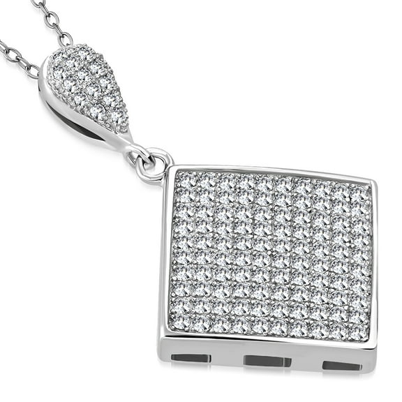 925 Sterling Silver Square-Shaped White Clear CZ Statement Pendant Necklace