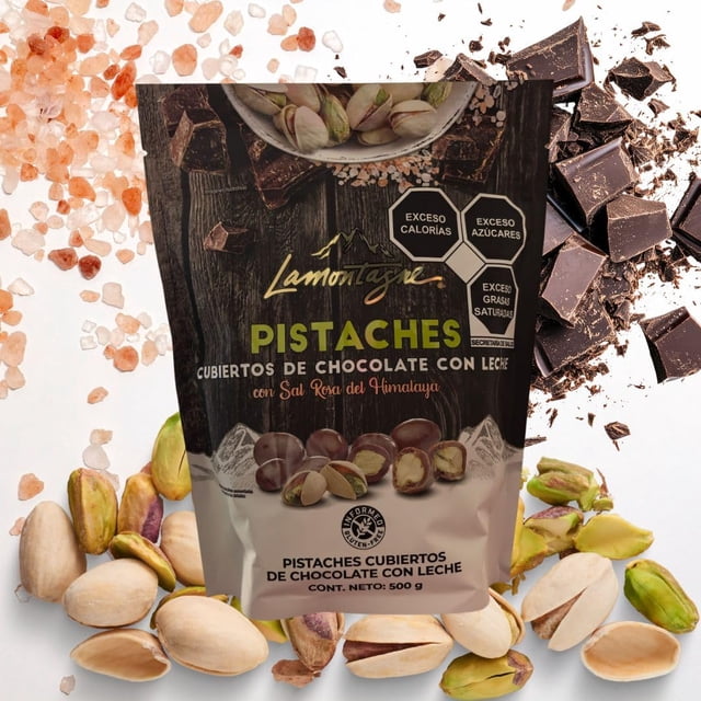 Pistachos con sal marina cubiertos de chocolate con leche LAMONTAGNE y sal rosa del Himalaya, 17,68 onzas (500 g) + calcomanía de NAJD LLC + bolsas de hielo reutilizables.