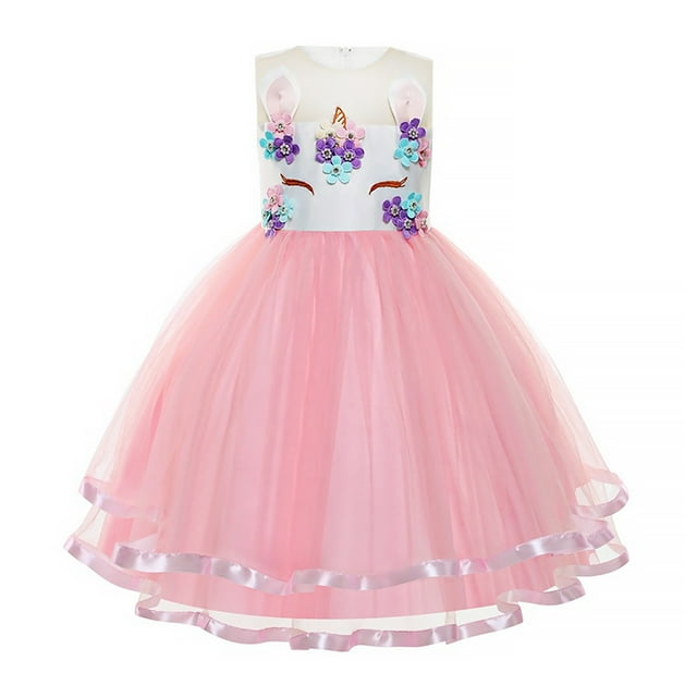 KAWELL Robe Fleur Licorne pour Filles Robe Princesse Élégante Robe de Fête d'Anniversaire 2-8 Ans