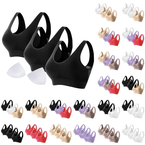 Gymayou 3-Pack Breathable Cool Liftup Air Bras Sports Bra Large Size Air Bra Comfortable Mesh Sports Bra for Women Black L