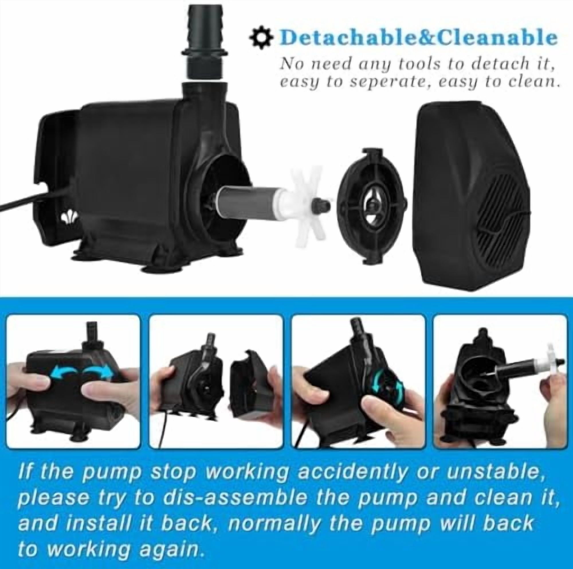 Large Flow: 800GPH（3000L/H）Submersible Pump with 6.5 ft Tubing, 45Watt Durable Fountain Water Pump With 4 Nozzles For Above 80 gallons Fish Tank or Pond