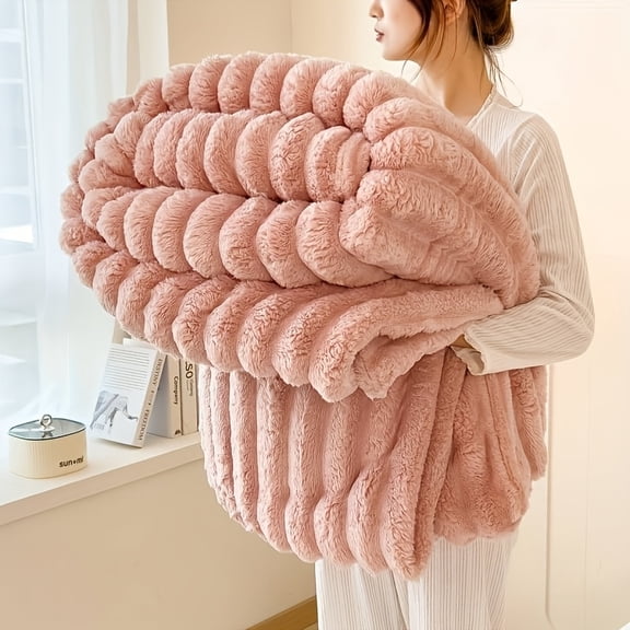 Pink Fuzzy Plush Throw Blanket for Office Naps, Wide Striped Thick Faux Rabbit Fur, Flannel Blanket for Sofa Bed, Living Room Home Bedroom Decor Dorm Essentials, Off White, 78.74"x90.55"