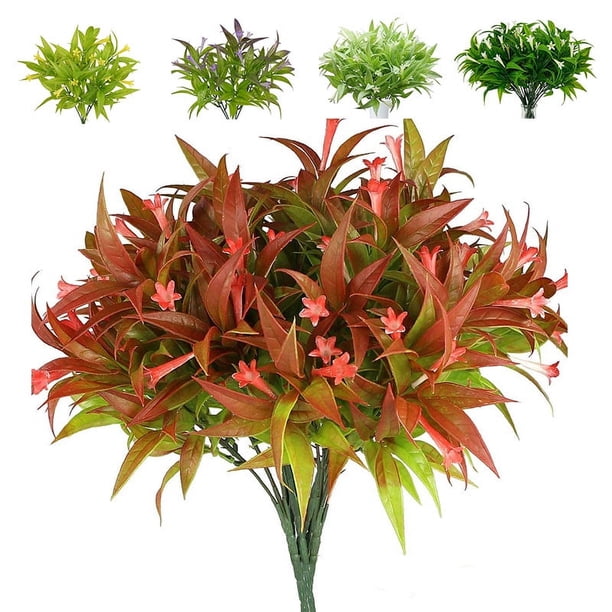 XmhyTop 8 piezas de plantas falsas para exteriores resistentes a los rayos UV, plantas de césped alto artificiales, flores tropicales falsas, arbustos, decoración verde a