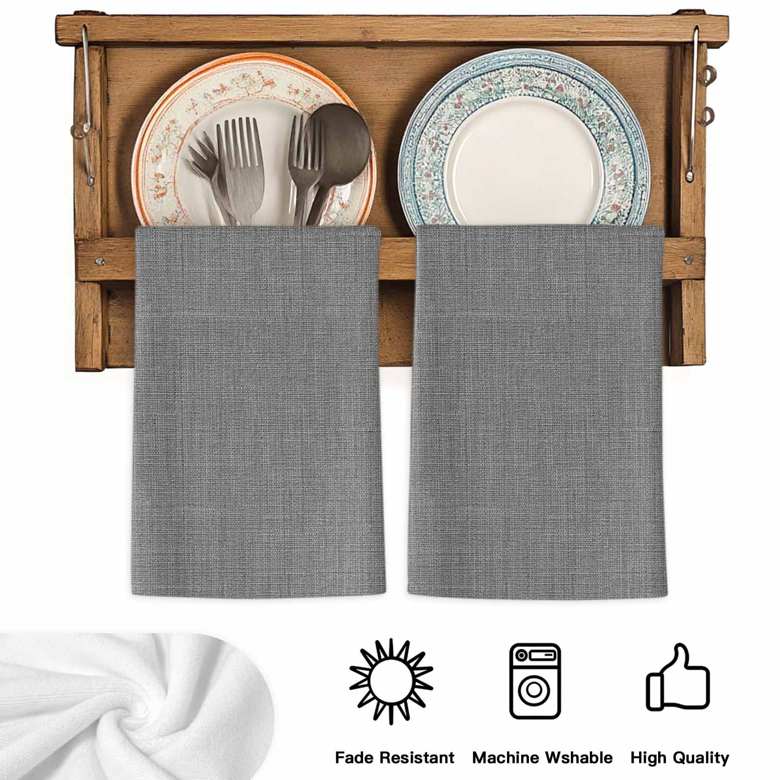 Dark Gray Kitchen Towels Set of 3, Farmhouse Burlap Solid Grey Color Modern Linen Texture Soft Microfiber Dish Towels, Absorbent Washable Dishcloths for Kitchen Cleaning, Drying Dishes, 18x28 Inches