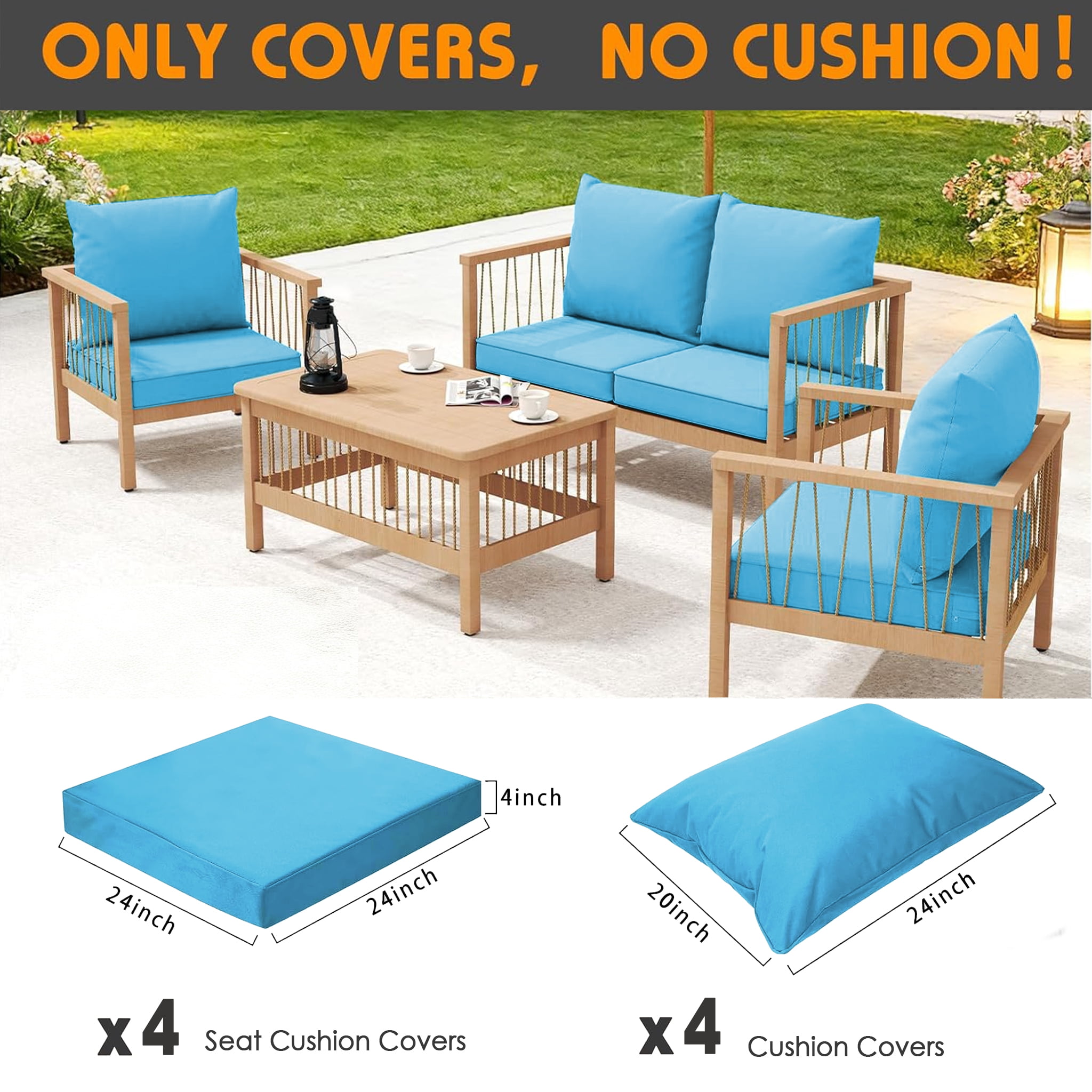 All Smiles Patio Furniture Replacement Chair Cushion Covers Set of 4 for Waterproof Resistant Covers for Seat Yard Garden Deck，24 x 20 Inch, 24 x 24 x 4 Inch，SkyBlue
