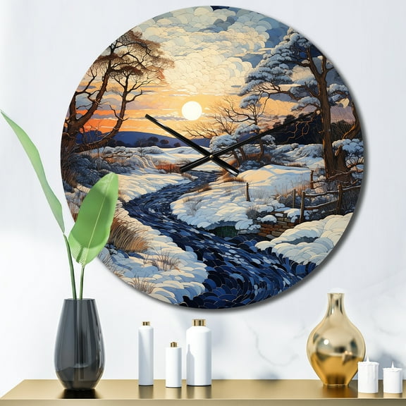 Designart "Snow Winters Sunset silence" Landscapes Oversized Wall Clock