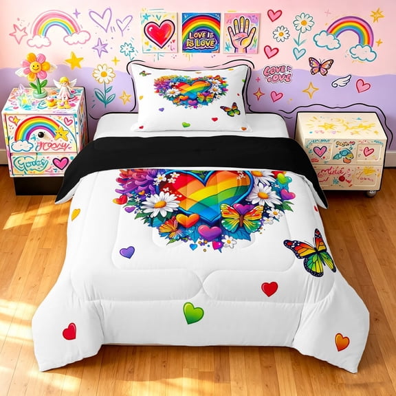 Manfei Rainbow Love Heart Twin Comforter Sets, Butterfly Groovy Flower Bedding Set, White Blue, Black Reversible, 2 Pieces, 1 Comforter and 1 Pillowcase