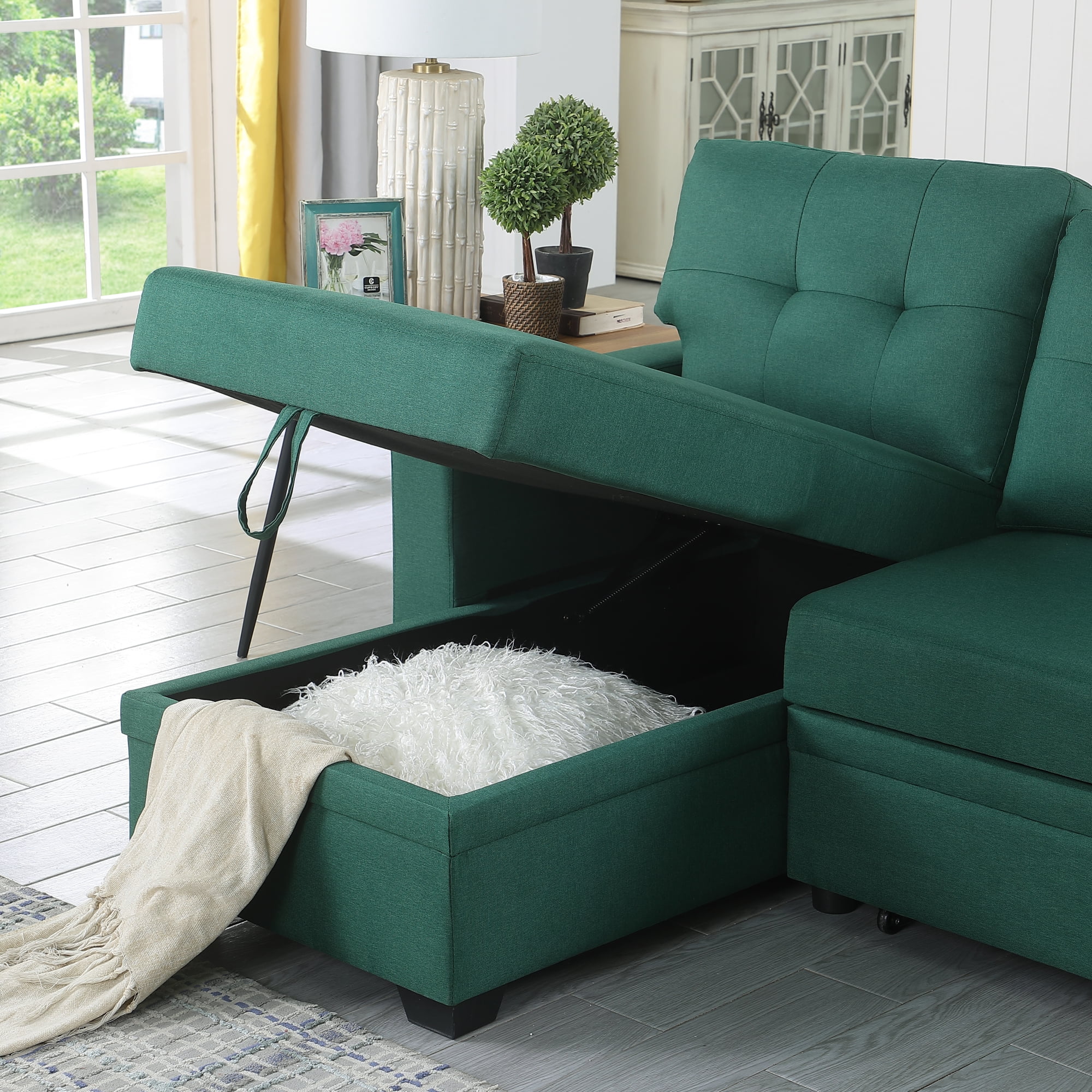 4-in-1 Convertible L Shaped Couch with Pull Out Bed and Storage,Sectional Sleeper Sofa with Reversible Chaise for Living Room, Apartment, Bedroom,Green