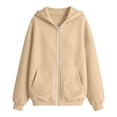 thumbnail image 5 of Girls Full Zip Hooded Jacket, Solid Loose Zip Up Hoodie with Pockets, Spring Fall Long Sleeve Casual Outerwear Beige 9 Years, 5 of 9