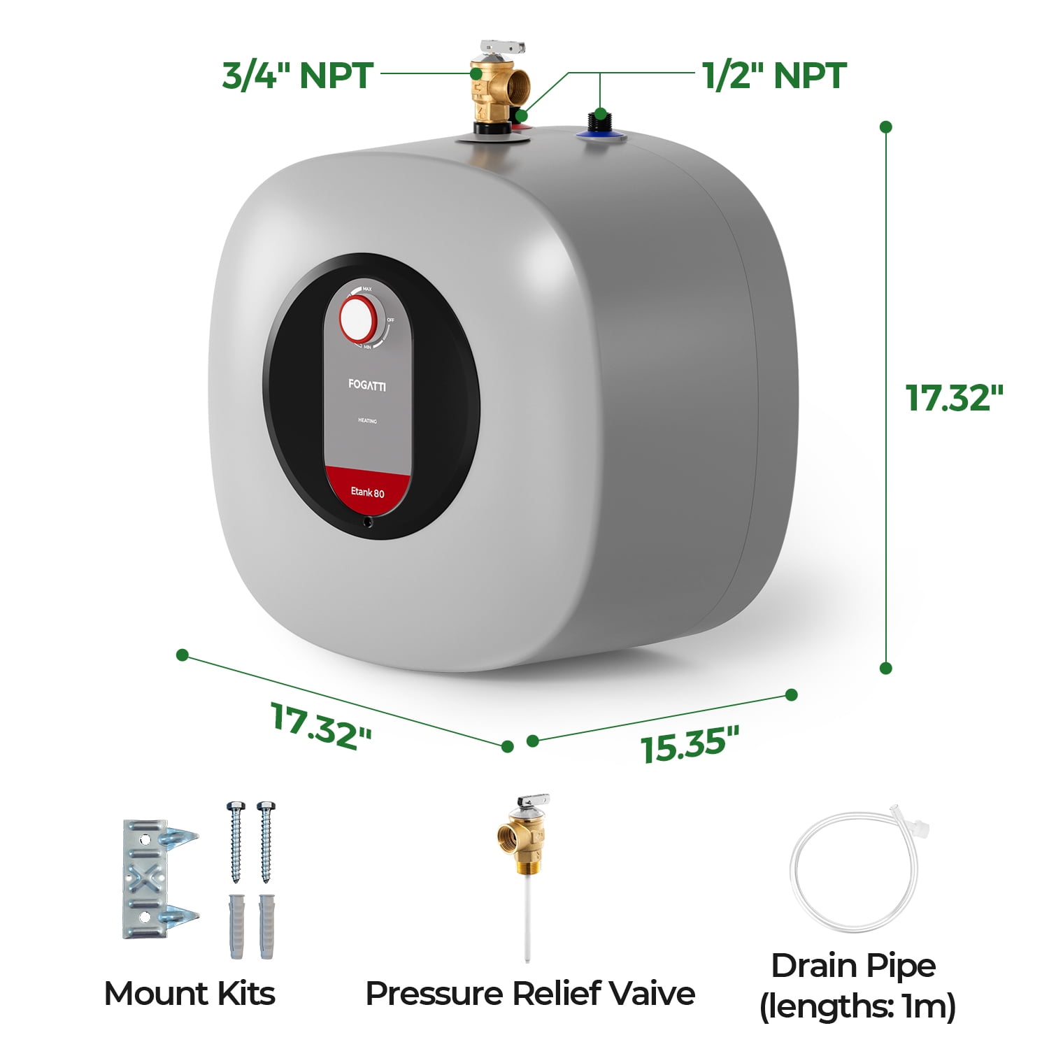 FOGATT 8 Gallon Electric Water Heater Tank Etank 80, Point of Use Mini Tank Water Heater, 120V Small Hot Water Heater for Apartment Kitchen Bathroom RV Camper Shower