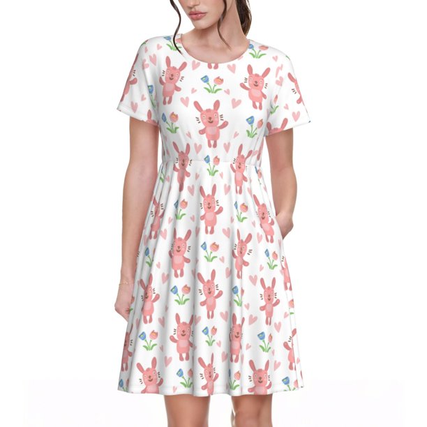 Easygdp Hello Rabbit para Vestido Transpirable de Mujer, Vestido Suelto de Manga Corta con Pliegues y Bolsillos para el Verano