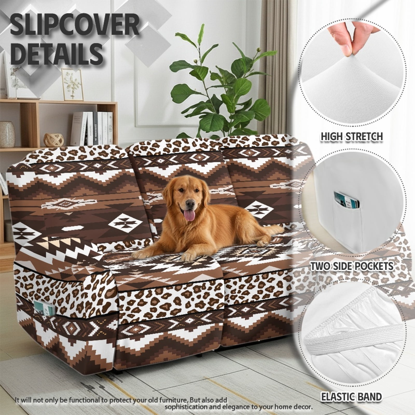 COEQINE Reclining Sofa Cover Breathable 3 Seater Couch Chair Cover 8 Pieces Stretch Recliner Chair Cover Stay in Place Lazy Boy Chair Slipcover Home Decor, American Tribal Brown Leopard Print