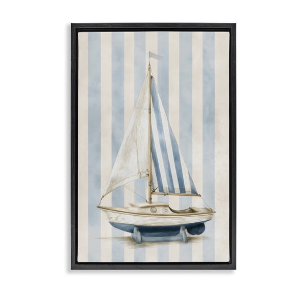 Stupell Industries Seaside Stripes Sailboat Black Framed Floater Canvas Wall Art, design by Petal Prints Design