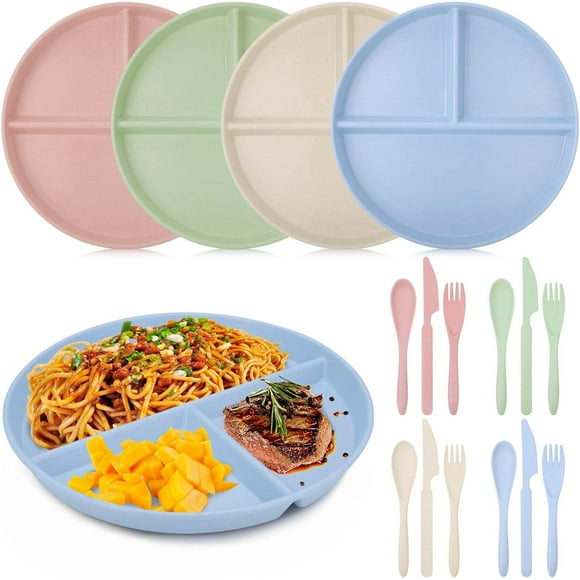 4PCS Divided Dinner Plates, 23cm Portion Control Plate Unbreakable Divided Plates, 3 Sections Deep Dishes Set Include Fork, Spoon, Knife,