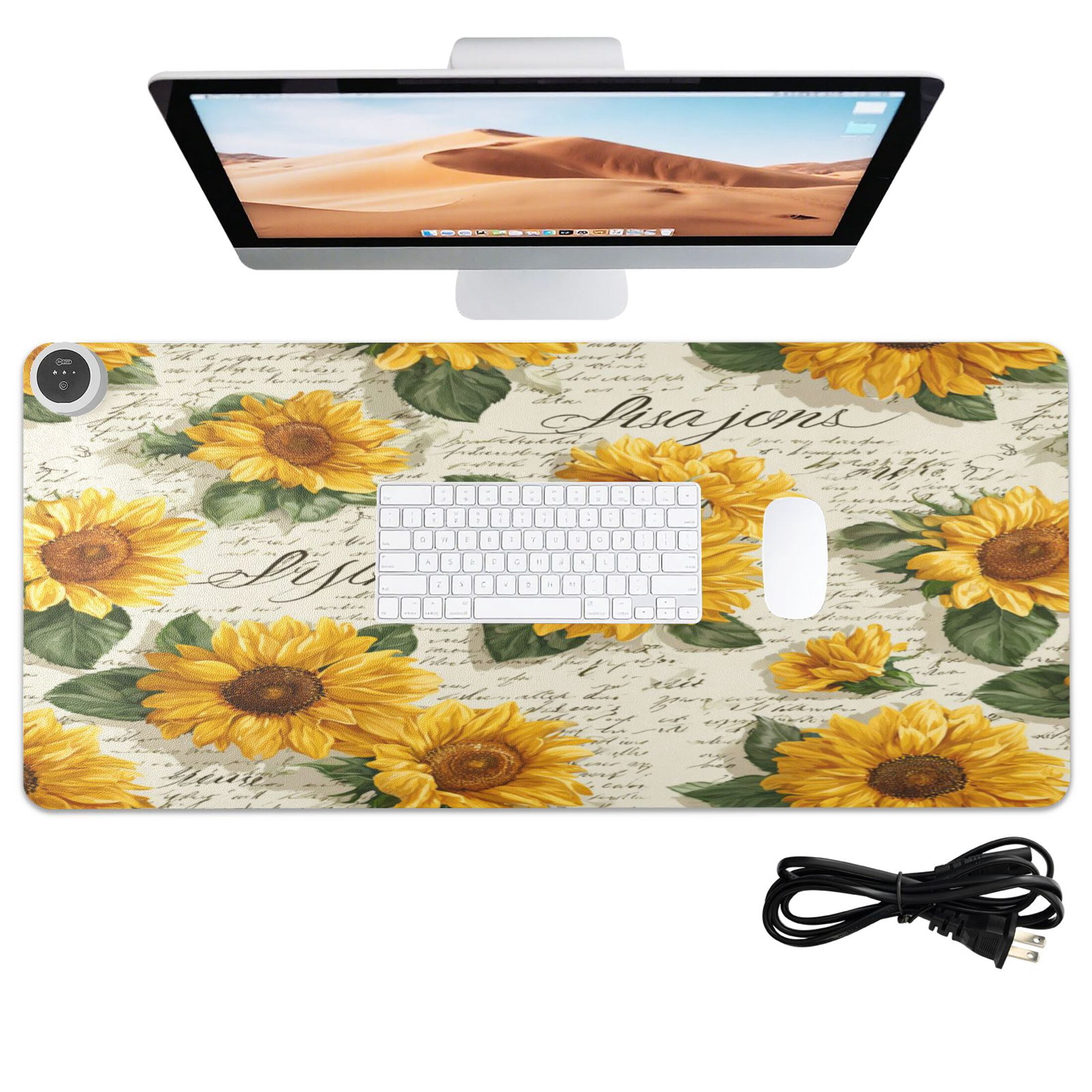 Large Heated Desk Mat Mouse Pad 31.5"x13"PU Leather Graphene Heating Desk Warmer with 3 Temperature Settings 110V US Plug Non-Slip Warm Pad for Home, Office, and Gaming Vintage Paper with Sunflowers