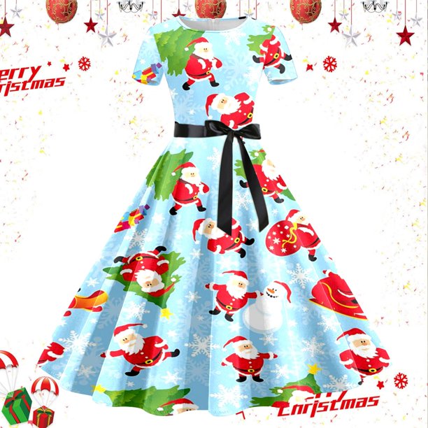 Vestidos Casuales Para Mujer, Vestido de Fiesta de Noche de Manga Corta Con Estampado Navideño de Los Años 50