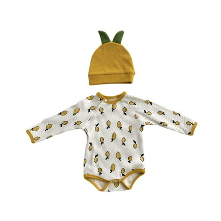 

Boys Girls Set Unisex Toddlers Kids Baby Outifs Clothing Baby Boys Girls Long Sleeve Cute Cartoon Ribbed Romper With Cute Hat Outfit Set Clothes 2Pcs