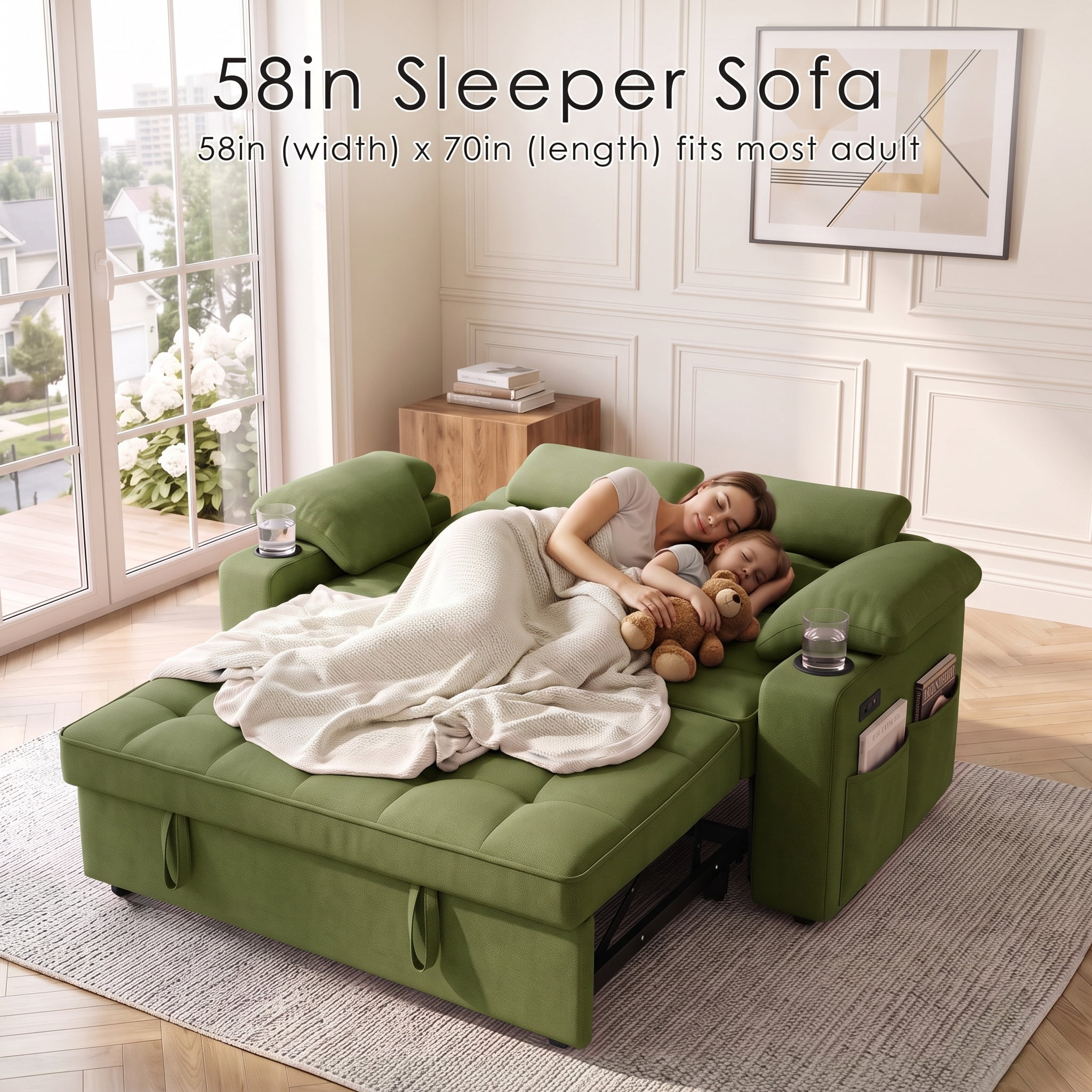 Xiweot 58" Convertible Sleeper Sofa Bed, Full Size Pull Out Couch with USB Charger, Cup Holders, Adjustable Backrest & Side Pocket, Teddy Fabric Loveseat for Living Room Small Space (Green)