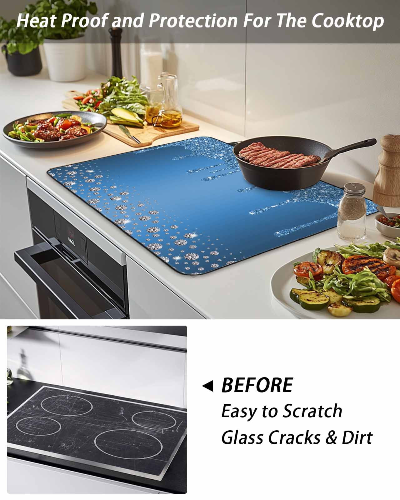 Stove Top Covers for Electric Stove, Modern Blue Glass Stovetop Cover Protector, Abstract Diamond Luxury Gradient Induction Cooktop Protector Oven Mat for Kitchen Countertop 24"x21"