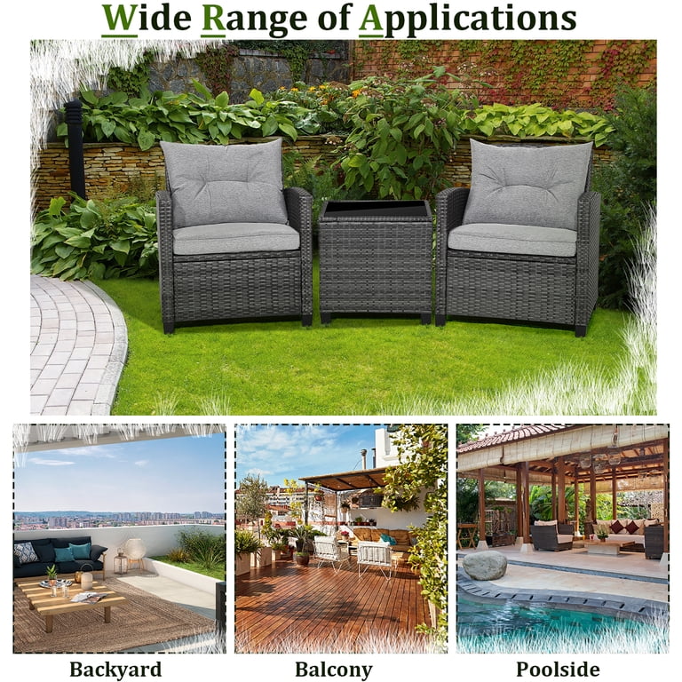 Gymax 3-Piece Patio Rattan Conversation Set, Gray Cushions photo 8