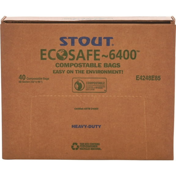 Stout® EcoSafe-6400 Compostable Compost Bags, 0.85-mil, 48 Gallons, 42" x 48", Green, Box Of 40