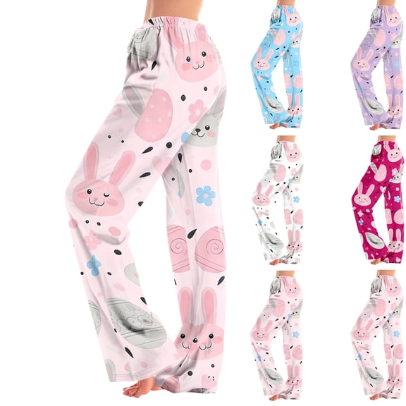 Hearthz Easter Pajamas Pants for Women Cute Rabbit Bunny Print Wide Leg Lounge Pants Women Baggy Soft Comfy Lightweight Sleep Pants for Women