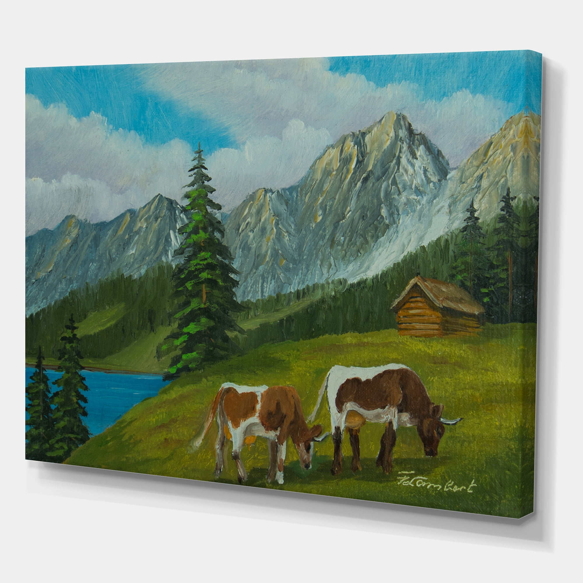 Designart ' Cows On A Green Meadow With Mountain Landscape With ' Farmhouse Canvas Wall Art Print