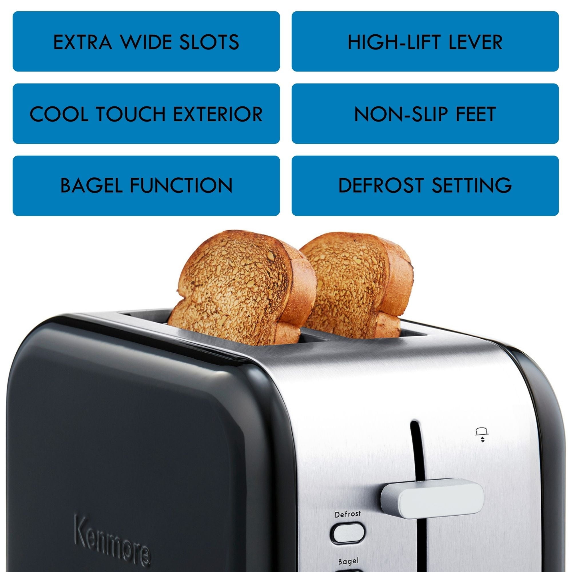 Kenmore 2-Slice Stainless Steel Toaster, Black and Silver, Extra Wide Slots, Bagel Defrost Functions, 9 Browning Levels, Removable Crumb Tray, For Bread, Toast, English Muffin, Toaster Strudel