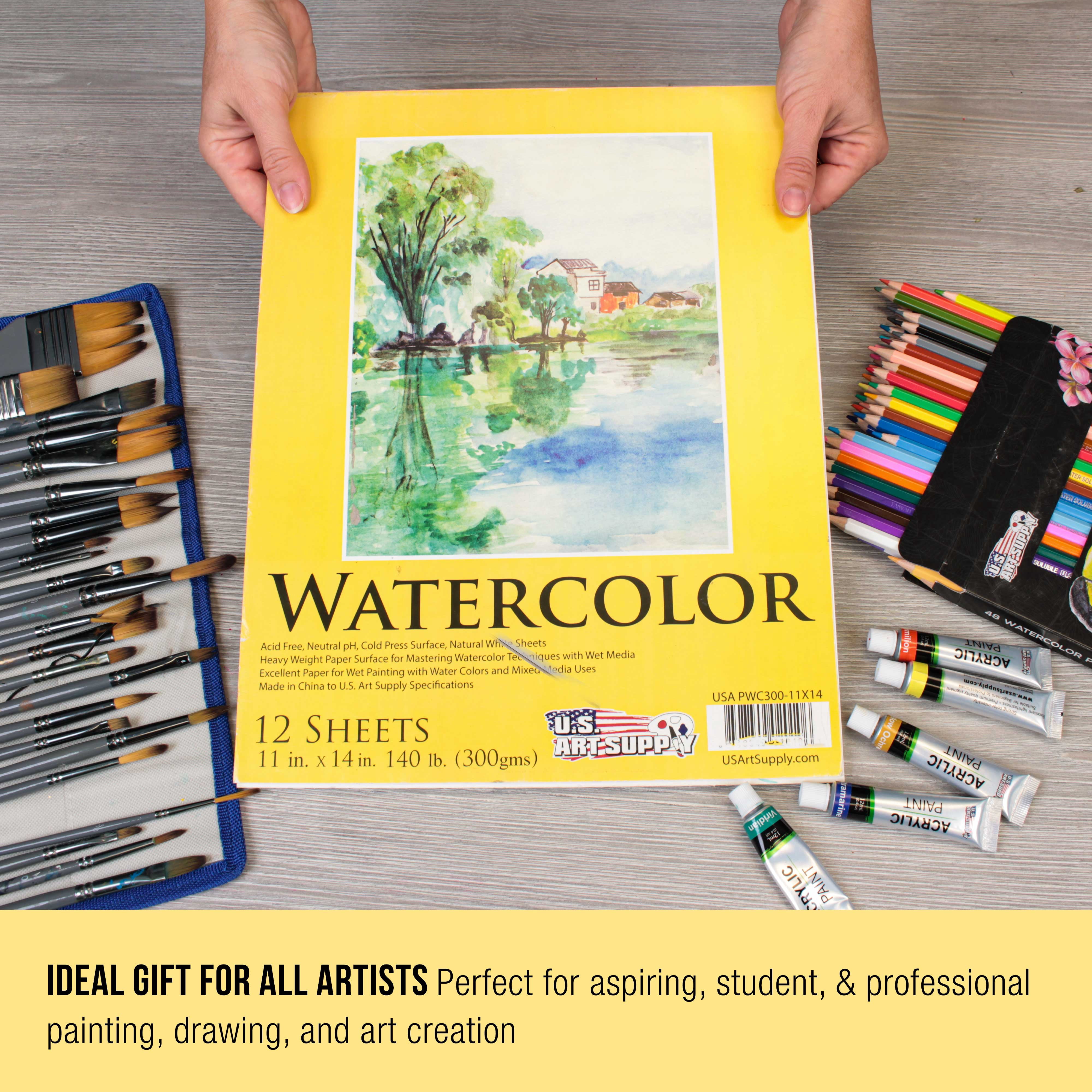 U.S. Art Supply 12" x 16" Premium Heavyweight Watercolor Painting Paper Pad, Pack of 2, 12 Sheets Each, 140 Pound (300gsm) - Cold Pressed, Acid-Free, Wet, Dry & Mixed Media - Artists, Students
