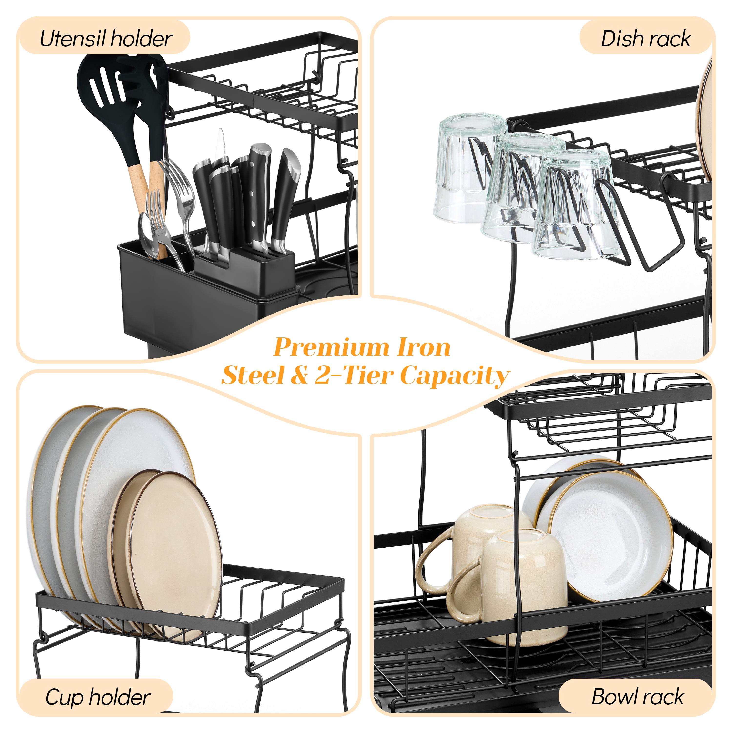 Vesteel 2-Tier Dish Drying Rack, Stainless Steel Dish Rack with Drainboard for Kitchen Counter, Rustproof Dish Drainer for Sink, Space Saving