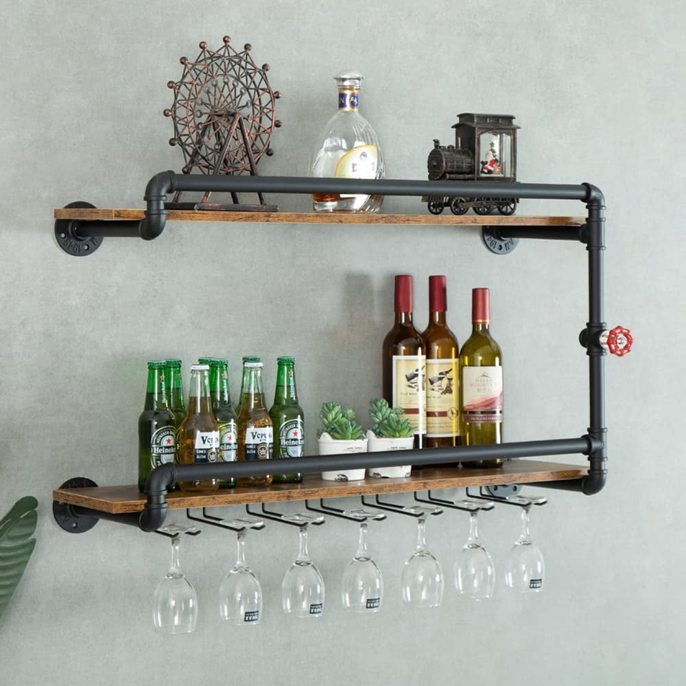 SHMAMT Wine Rack Wall Mounted 2 Tier, Hanging Floating Small Mini Bar ...