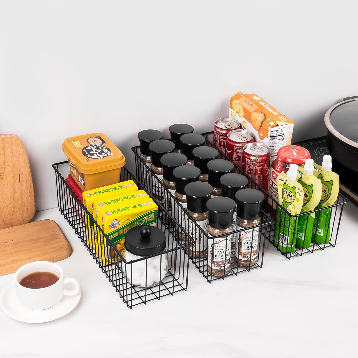 Wetheny Black Wire Basket Wall Mounted(4 Pack) - Metal Toilet Paper Storage Basket - Rectangular Wire Baskets for organizing Kitchen,Bathroom,Countertop