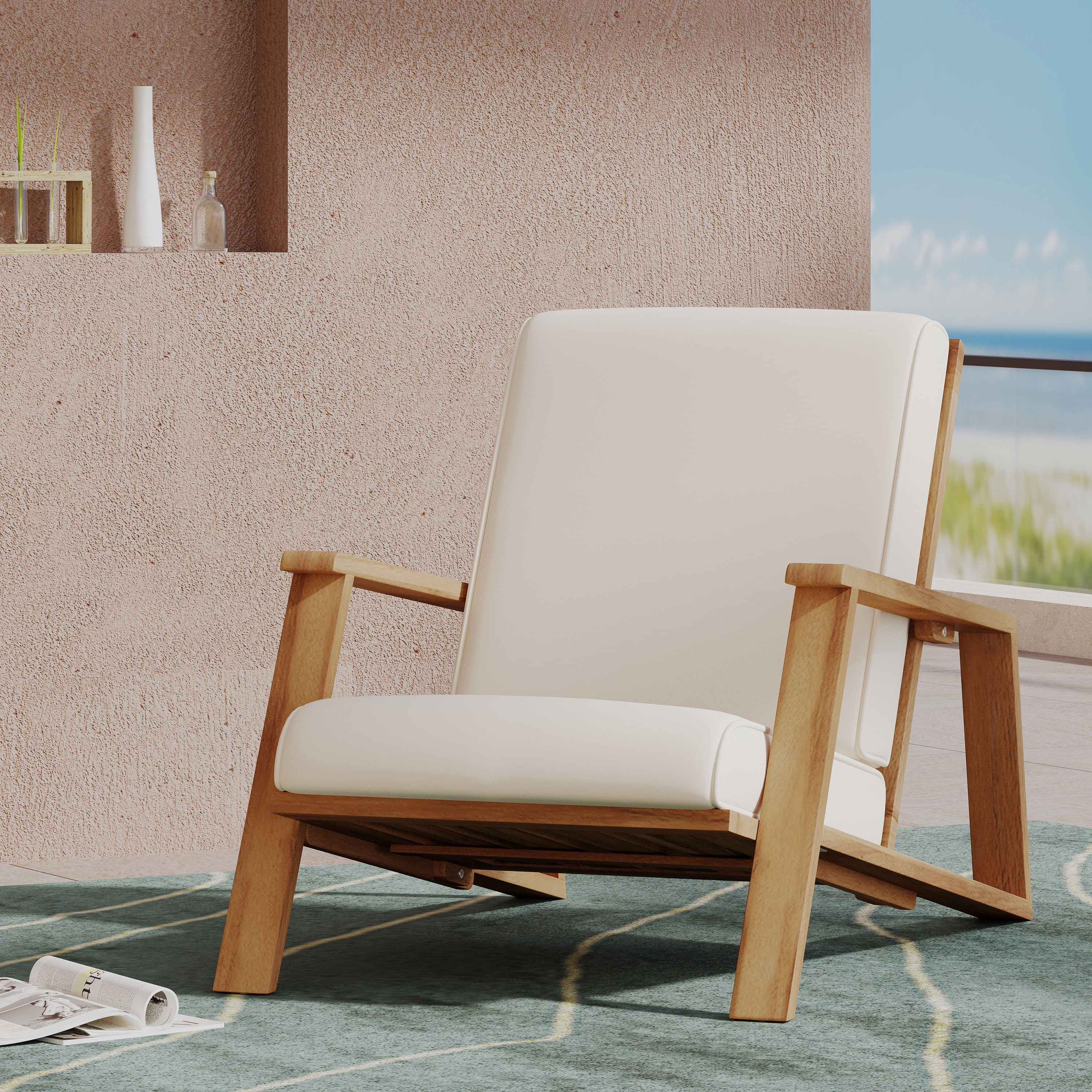 Euroco Outdoor Adirondack Chair Set with Cushions, Contemporary Acacia Wood Lounge Chairs with Sloped Back and Water-Resistant Cushions for Patio, Deck, or Garden