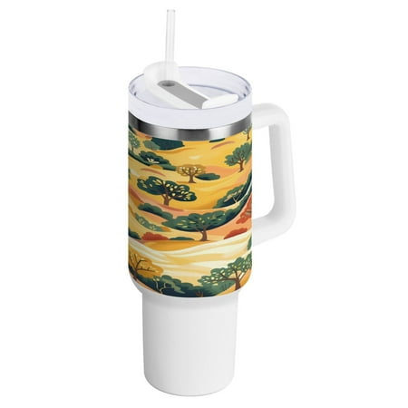 

40 Oz Car Handle Water Bottle 10.8x3.85 Inch Handle And Straw Travel Water Bottle Reusable Stainless Steel Water Bottle Cartoon Mountain Trees