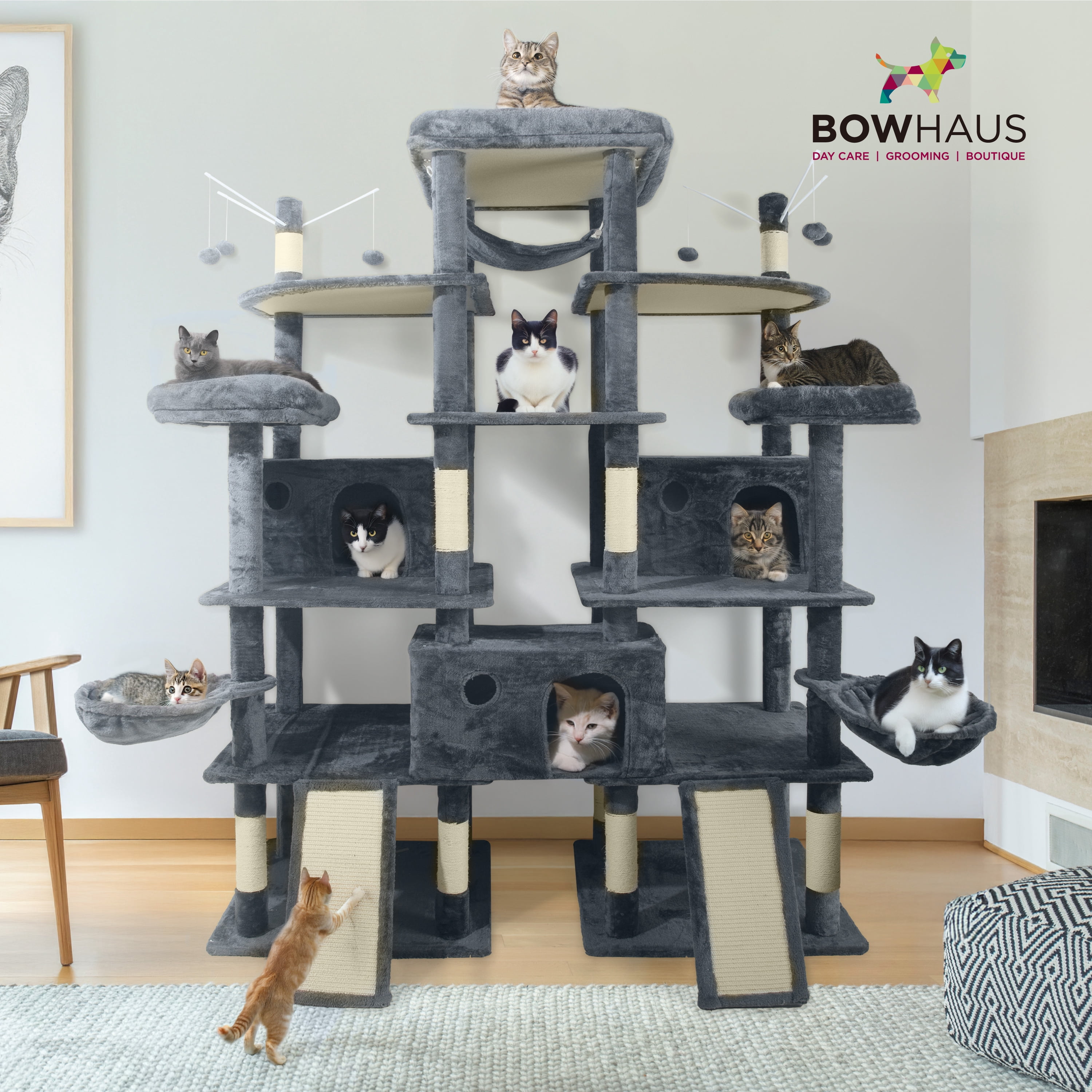 CAPHAUS Extra Large 80-Inch Tall Cat Tree w/Widened Perch for Large Cats, Big Cat Tower Indoor, Modern Multi-Level Activity Tower with Scratching Posts, Condos, Baskets, Hammock, Scratching Ramps
