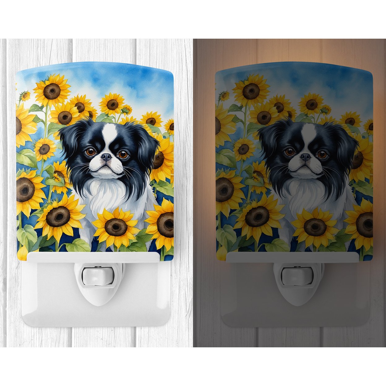 Japanese Chin in Sunflowers Ceramic Night Light 4 in x 6 in