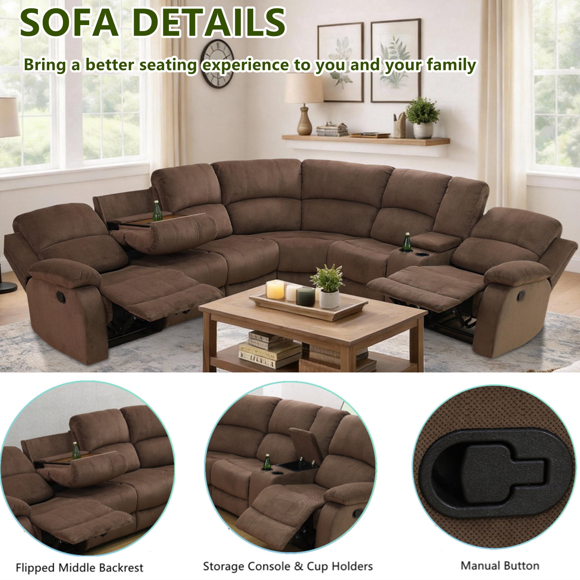 Aukfa 3-Piece Recliner Sofa Set, 6 Seat Sectional Couch with Cup Holders&Storage Console for Living Room, Brown