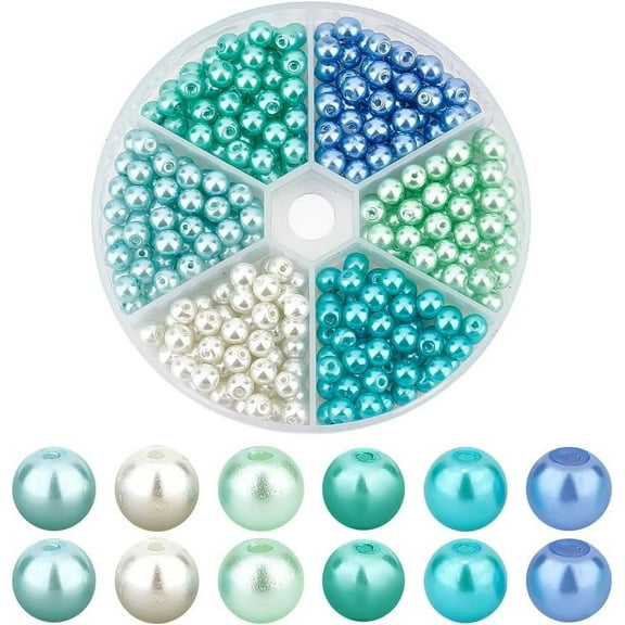 300pcs 6 Colors Blue Green Series Glass Beads 6mm Glass Pearls Bracelet Making Kit Painted Round Spacer Beads for Jewelry Making Necklaces Bracelets DIY Crafts Supplies