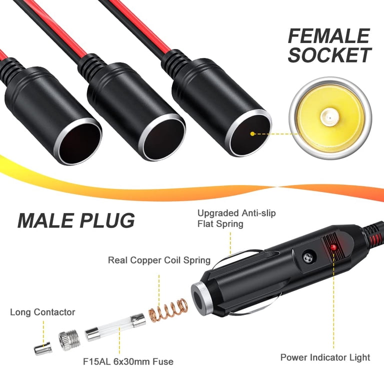 4 way cigarette lighter adapter Gadpow 1 to 4 Car Cigarette Lighter Splitter Adapter,12V/24V 4-Way  Splitter, 12 inch Extension Cord Cable 16AWG with 15A Fuse