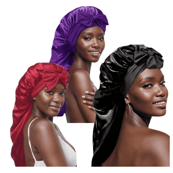3 Pack Satin Bonnet for Sleeping Women - Extra Large Long Silky Nightcap with Adjustable Tie Band, Frizz Control Sleep Cap for Curly Natural Hair, Braids, and Locs