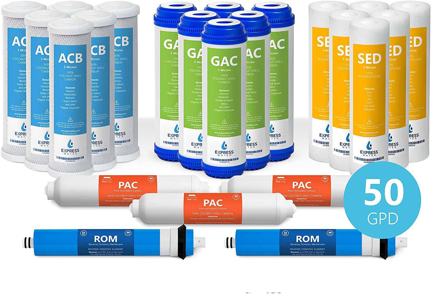 Carbon GAC ACB Express Water – 3 Year Reverse Osmosis System Replacement Filter Set – 23 Filters with 50 GPD RO Membrane PAC Filters Sediment SED Filters – 10 inch Size Water Filters 