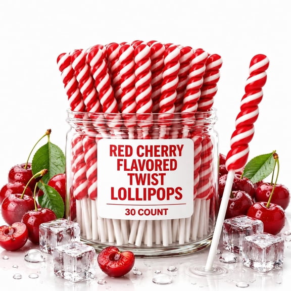 Twist Lollipop Candy Cherry Flavor Individually Wrapped Red Pops - 30 Bulk Pack Suckers