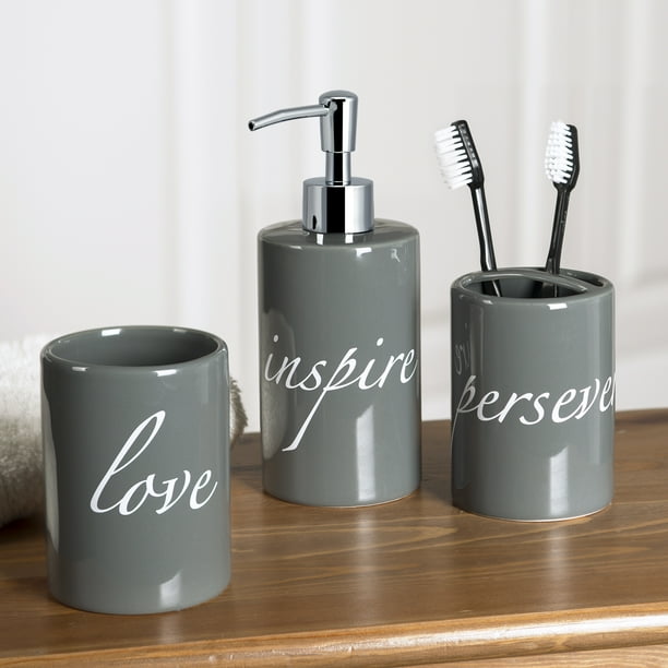 Mainstays 3 Piece Inspirational Bath Accessory Set, Gray