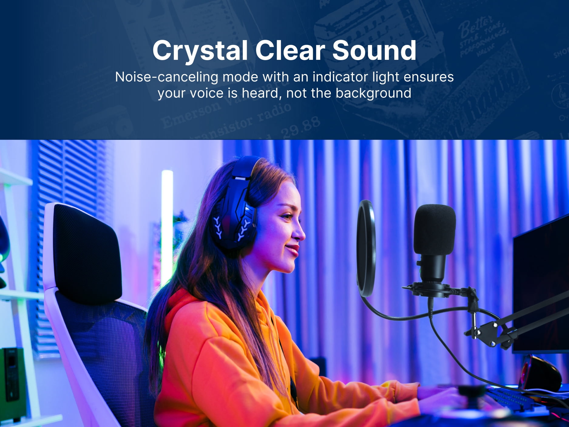 Emerson EAM-9051 USB Gaming & Streaming Condenser Microphone with Pop Filter and Shock Mount, Black