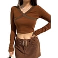 thumbnail image 5 of Nituyy Women Crop Top Solid Cross Lace V-Neck Long Sleeve Base Shirt Pullover for Summer, 5 of 6