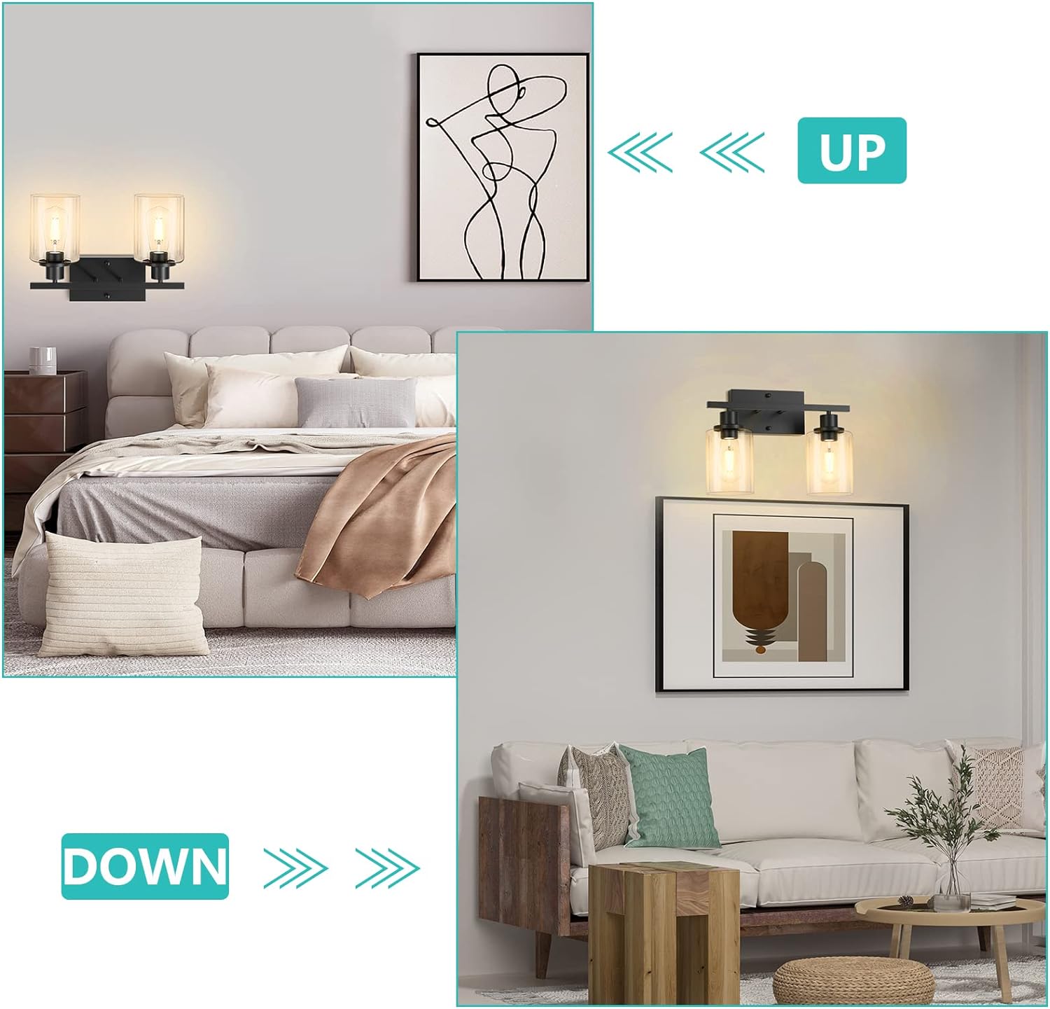 2-Light Black Bathroom Light Fixture, Vanity Light Over Mirror with Clear Glass Shade, Bathroom Wall Sconces Lighting for Bedroom, Living Room, Hallway, E26 Base (Bulbs Not Included)