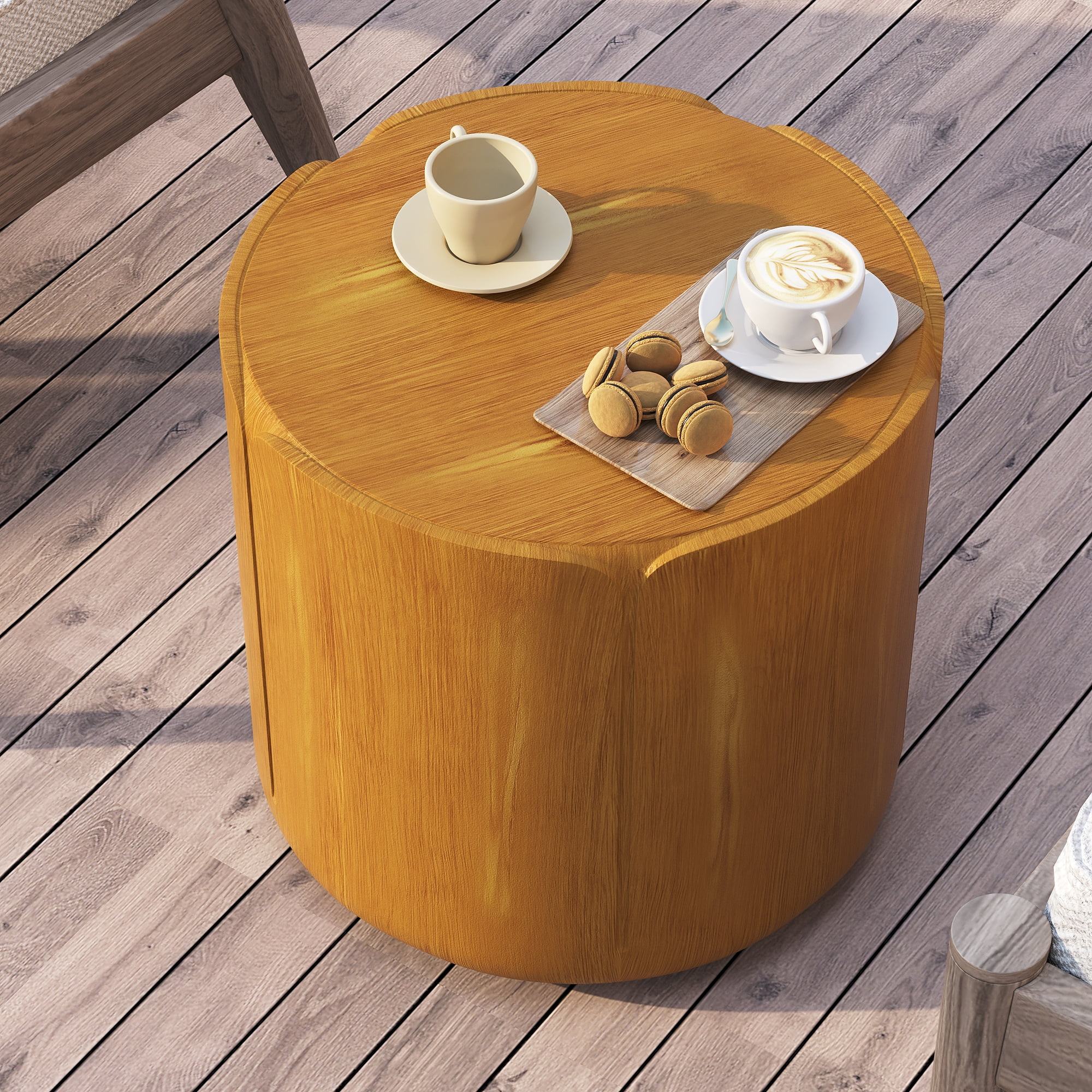 Round Mini Outdoor Side End Table, Wood Grain Lightweight Patio Accent Table for Home Garden Decor, Natural